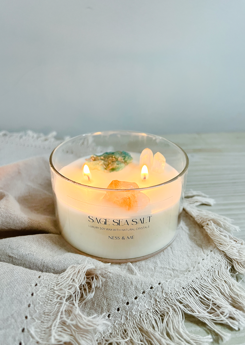 Luxury 2-Wick Crystal Soy Wax Candle 280g - Sage Sea Salt